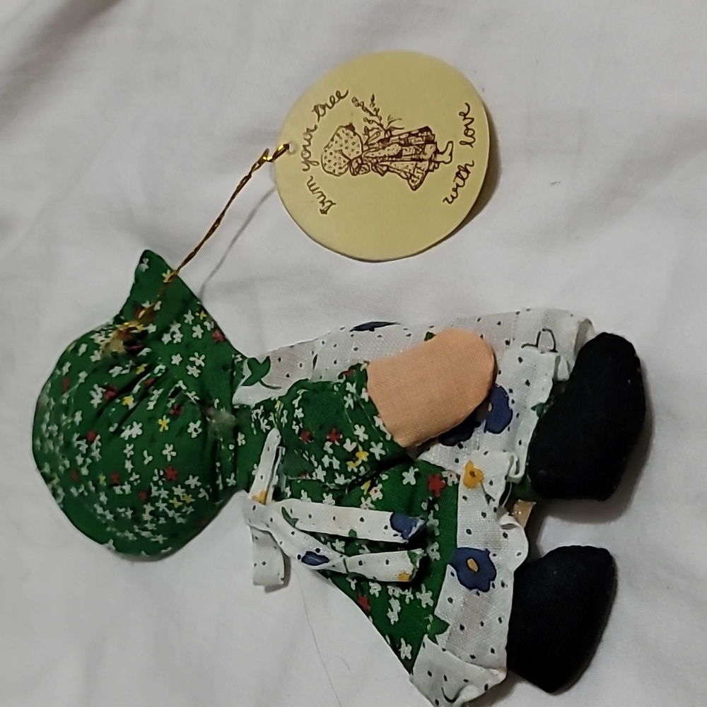 Vintage Holly Hobbie Fabric on Metal Christmas Ornament fro 1970's (green bonnet